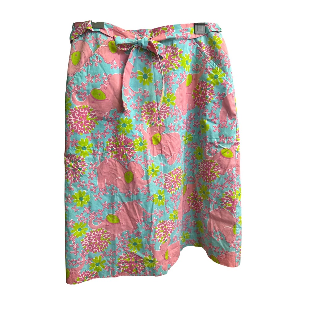 Lilly Pulitzer Pink Blue Elephant Floral Cotton A-Line Skirt with Belt Size 4